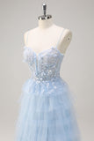 Light Blue A-Line Spaghetti Straps Tulle Tiered Long Corset Prom Dress with Slit