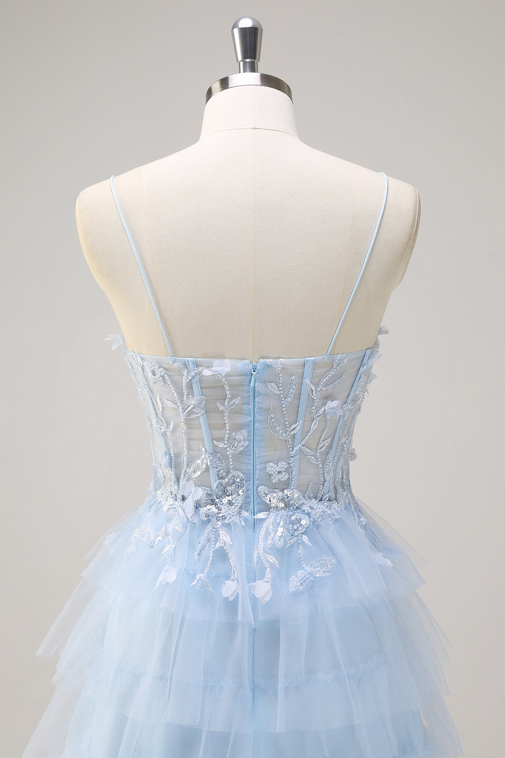 Light Blue A-Line Spaghetti Straps Tulle Tiered Long Corset Prom Dress with Slit