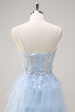 Light Blue A-Line Spaghetti Straps Tulle Tiered Long Corset Prom Dress with Slit