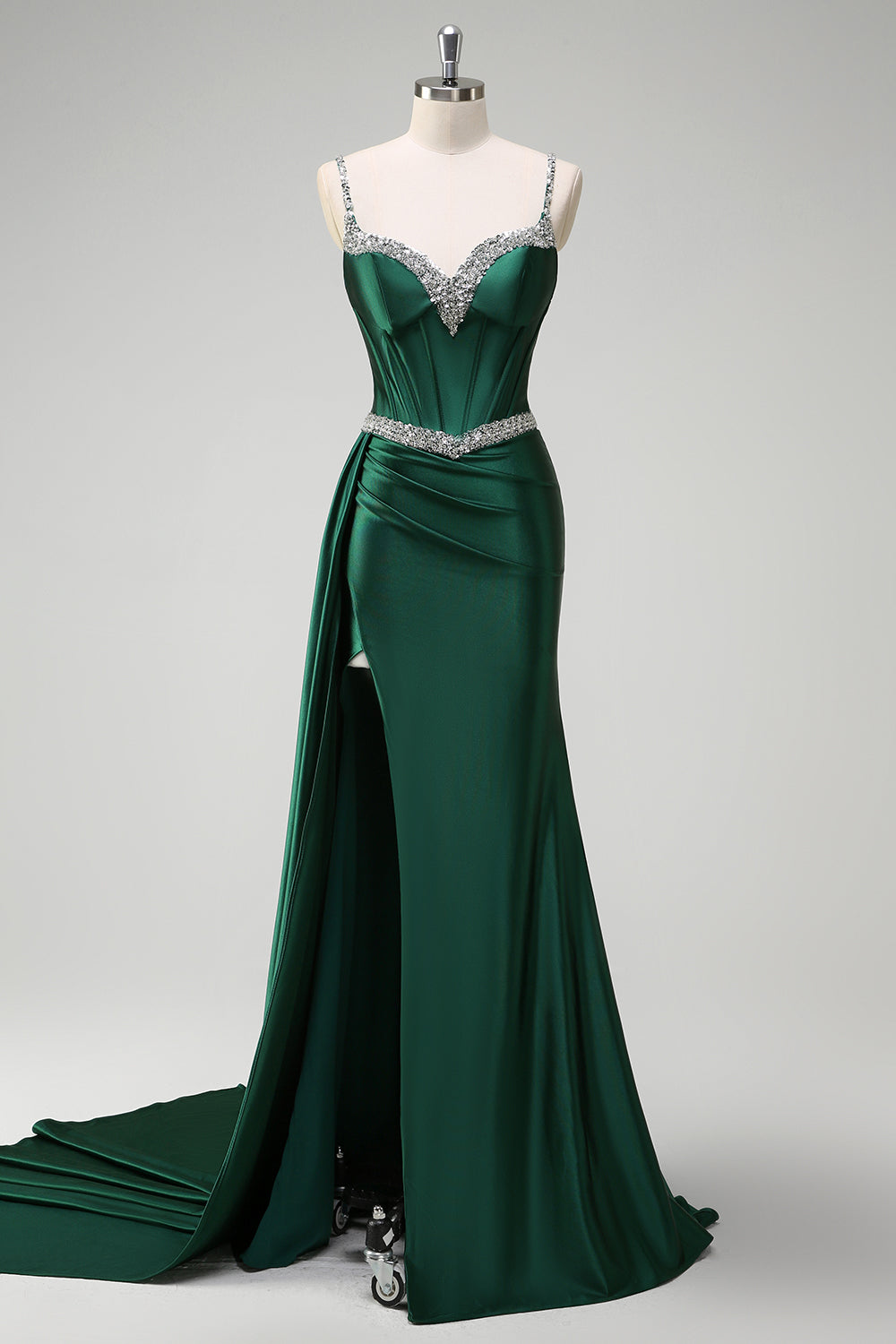 Sparkly Dark Green Mermaid Side Streamer Sequins Corset Satin Prom Dress with Slit