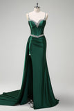 Sparkly Dark Green Mermaid Side Streamer Sequins Corset Satin Prom Dress with Slit
