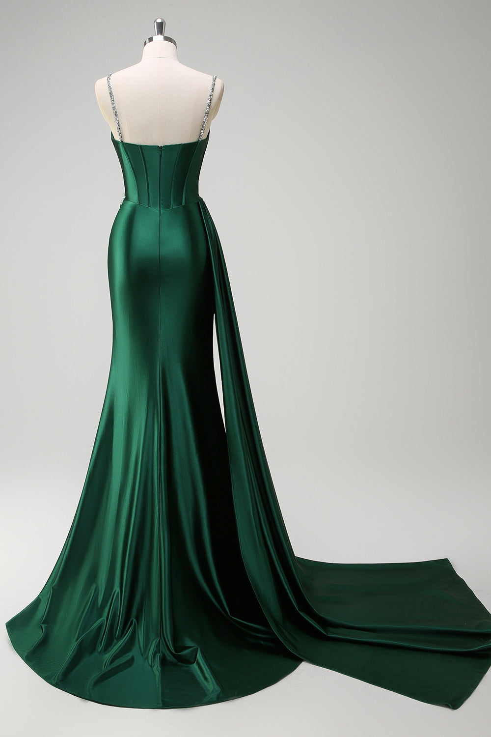 Sparkly Dark Green Mermaid Side Streamer Sequins Corset Satin Prom Dress with Slit