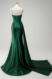 Sparkly Dark Green Mermaid Side Streamer Sequins Corset Satin Prom Dress with Slit