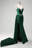 Sparkly Dark Green Mermaid Side Streamer Sequins Corset Satin Prom Dress with Slit