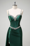 Sparkly Dark Green Mermaid Side Streamer Sequins Corset Satin Prom Dress with Slit