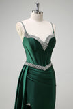 Sparkly Dark Green Mermaid Side Streamer Sequins Corset Satin Prom Dress with Slit