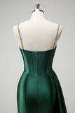 Sparkly Dark Green Mermaid Side Streamer Sequins Corset Satin Prom Dress with Slit