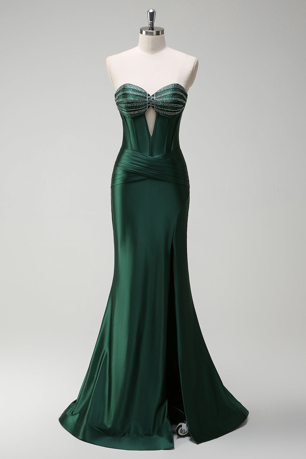 Dark Green Mermaid Beaded Keyhole Corset Satin Long Prom Dress with Slit