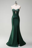 Dark Green Mermaid Beaded Keyhole Corset Satin Long Prom Dress with Slit