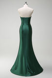 Dark Green Mermaid Beaded Keyhole Corset Satin Long Prom Dress with Slit
