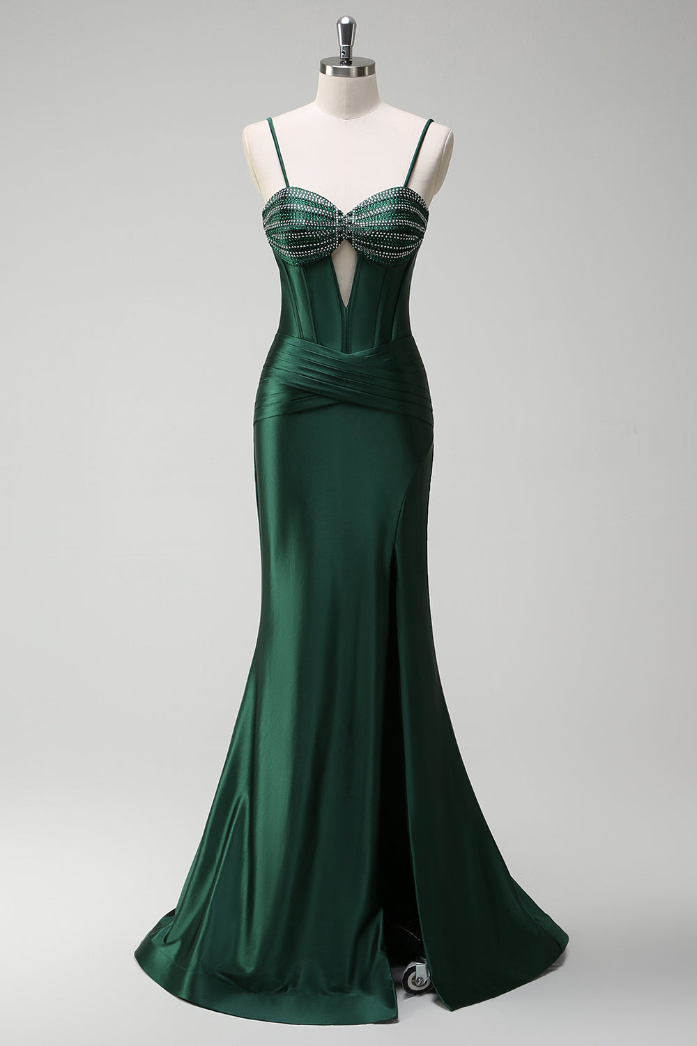 Dark Green Mermaid Beaded Keyhole Corset Satin Long Prom Dress with Slit