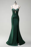 Dark Green Mermaid Beaded Keyhole Corset Satin Long Prom Dress with Slit