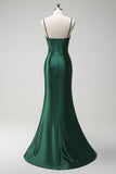 Dark Green Mermaid Beaded Keyhole Corset Satin Long Prom Dress with Slit