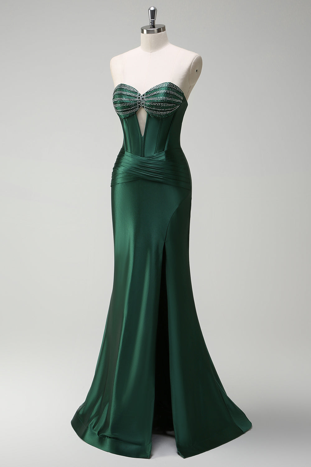 Dark Green Mermaid Beaded Keyhole Corset Satin Long Prom Dress with Slit