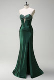 Dark Green Mermaid Beaded Keyhole Corset Satin Long Prom Dress with Slit