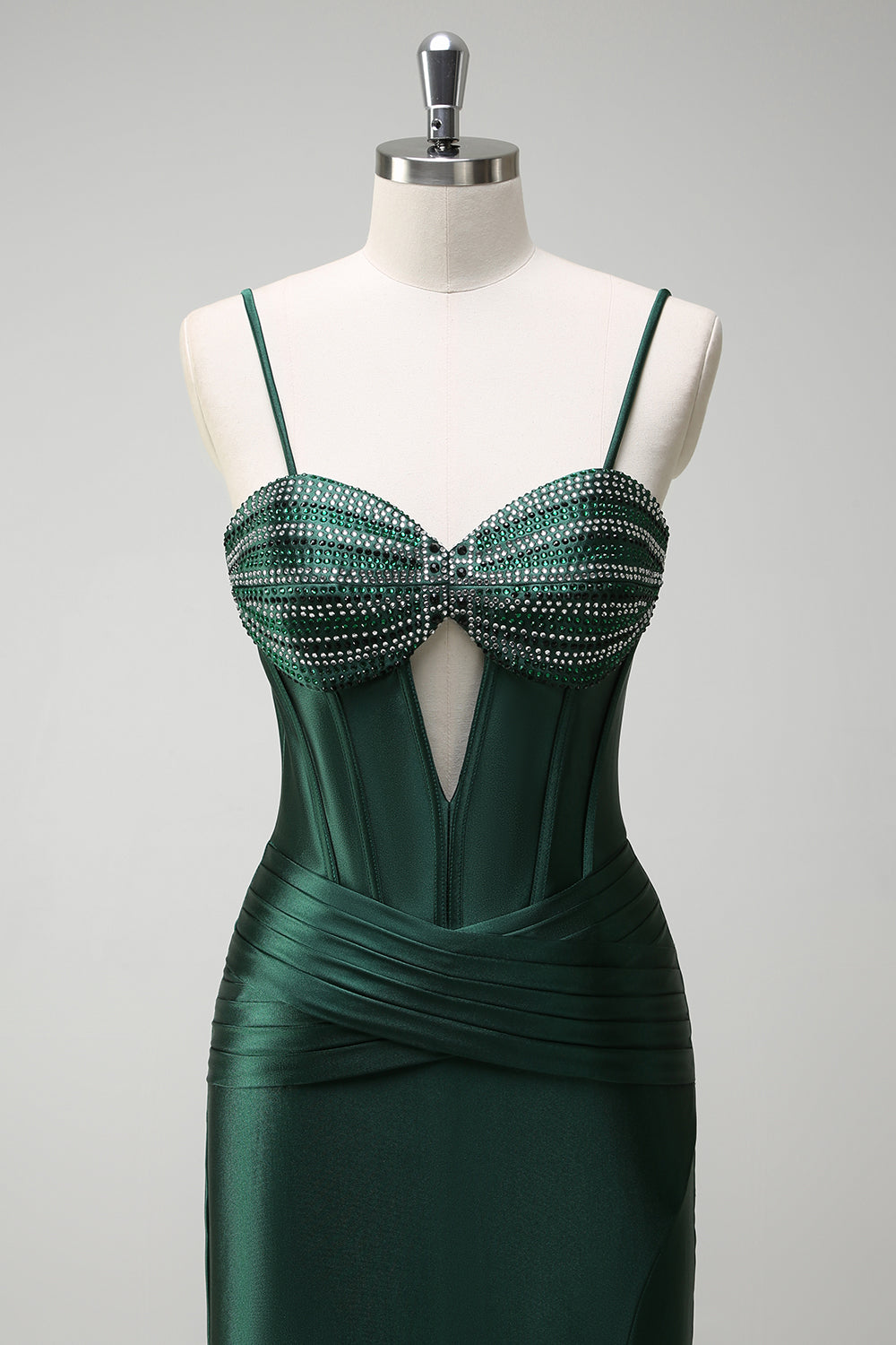 Dark Green Mermaid Beaded Keyhole Corset Satin Long Prom Dress with Slit