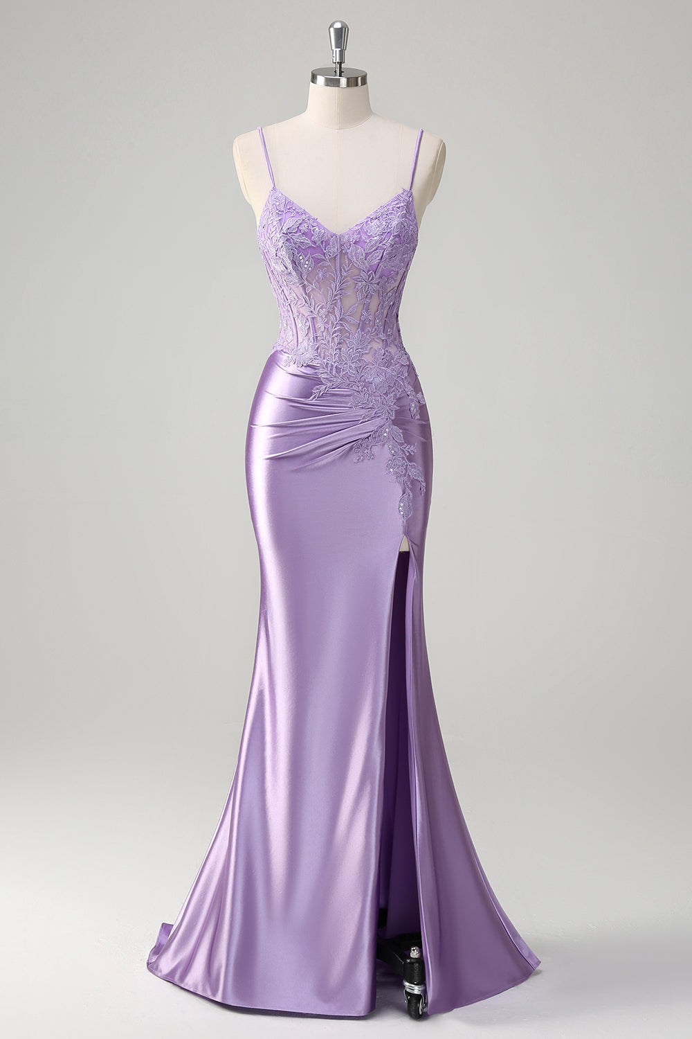 Lilac Mermaid Spaghetti Straps Corset Sequin Long Prom Dress with Slit