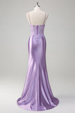 Lilac Mermaid Spaghetti Straps Corset Sequin Long Prom Dress with Slit