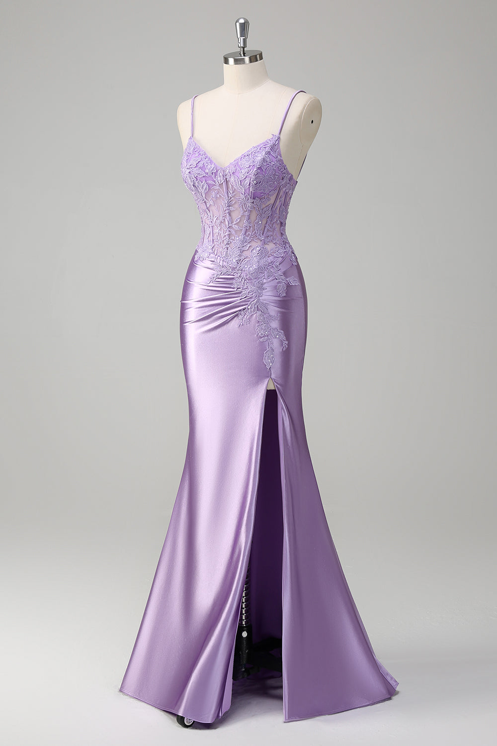 Lilac Mermaid Spaghetti Straps Corset Sequin Long Prom Dress with Slit