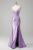 Lilac Mermaid Spaghetti Straps Corset Sequin Long Prom Dress with Slit