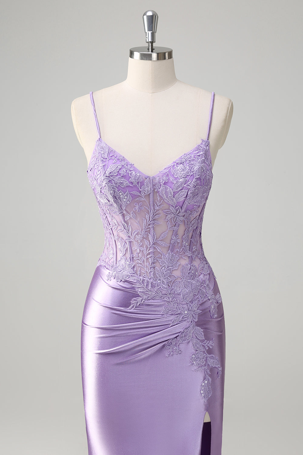 Lilac Mermaid Spaghetti Straps Corset Sequin Long Prom Dress with Slit