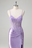 Lilac Mermaid Spaghetti Straps Corset Sequin Long Prom Dress with Slit