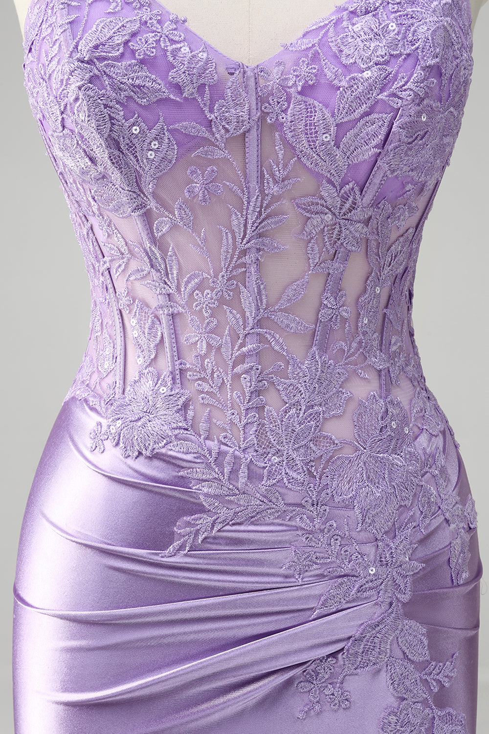 Lilac Mermaid Spaghetti Straps Corset Sequin Long Prom Dress with Slit