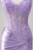 Lilac Mermaid Spaghetti Straps Corset Sequin Long Prom Dress with Slit