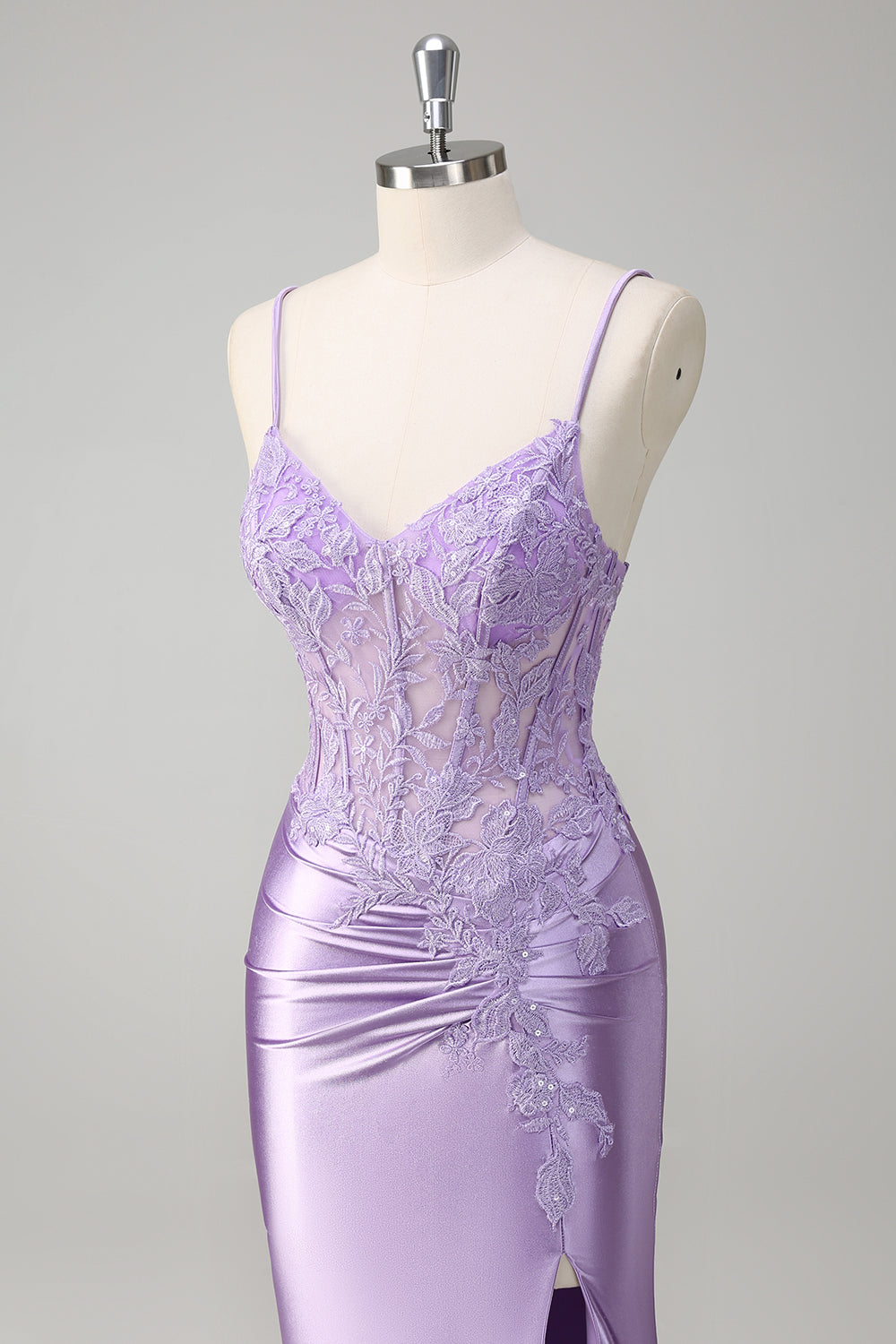Lilac Mermaid Spaghetti Straps Corset Sequin Long Prom Dress with Slit