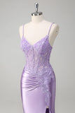 Lilac Mermaid Spaghetti Straps Corset Sequin Long Prom Dress with Slit