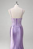 Lilac Mermaid Spaghetti Straps Corset Sequin Long Prom Dress with Slit