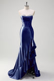 Sparkly Grey Blue Mermaid Ruffled Corset Strapless Satin Long Prom Dress with Slit