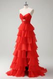 Orange Princess Sweetheart Tiered Long Prom Dress with Slit