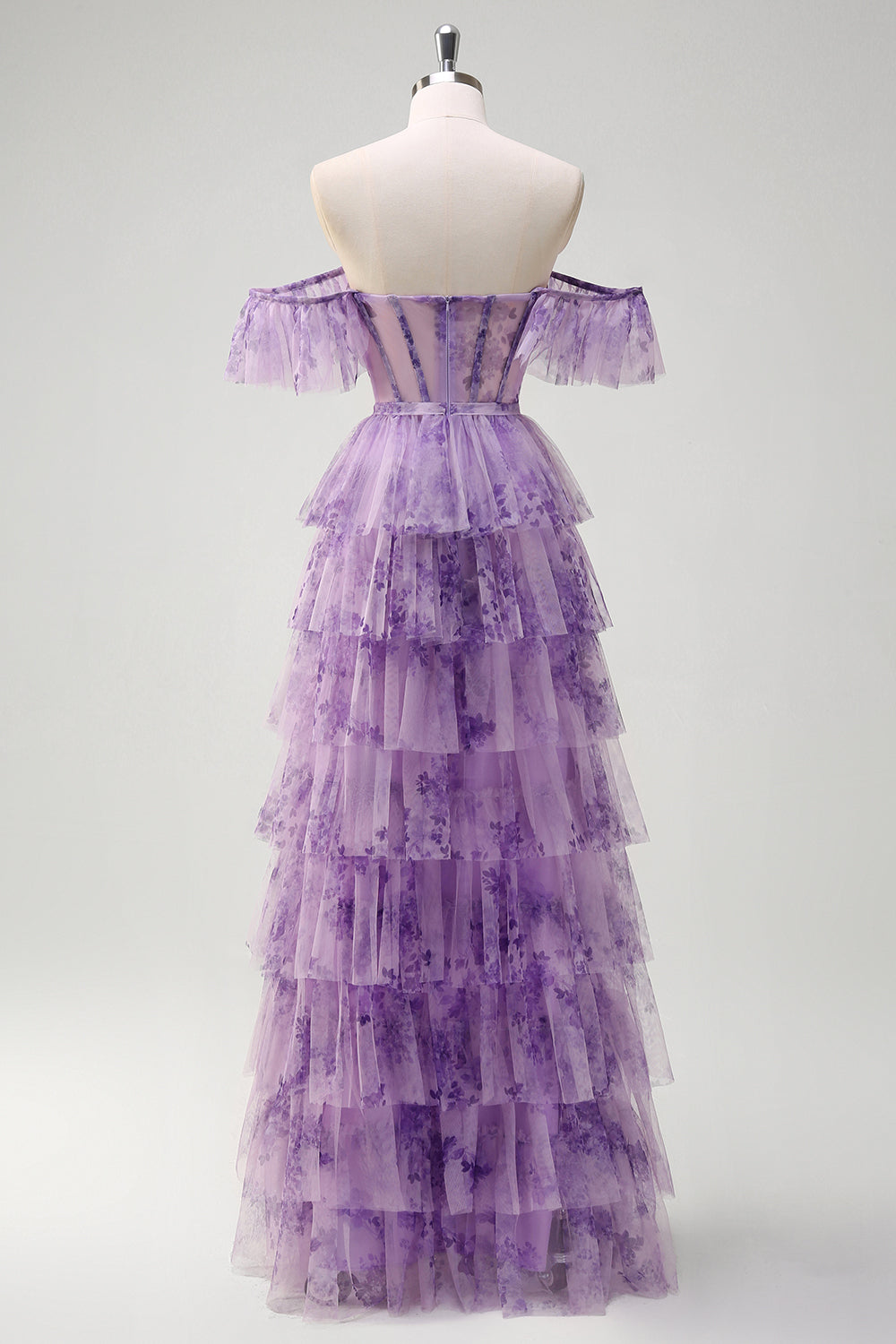 Lilac A-Line Off the Shoulder Corset Floral Ruffled Long Prom Dress with Slit
