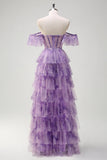 Lilac A-Line Off the Shoulder Corset Floral Ruffled Long Prom Dress with Slit