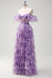 Lilac A-Line Off the Shoulder Corset Floral Ruffled Long Prom Dress with Slit