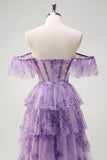 Lilac A-Line Off the Shoulder Corset Floral Ruffled Long Prom Dress with Slit