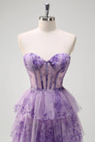 Lilac A-Line Off the Shoulder Corset Floral Ruffled Long Prom Dress with Slit