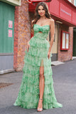 Green A-Line Strapless Floral Ruffled Long Prom Dress with Slit