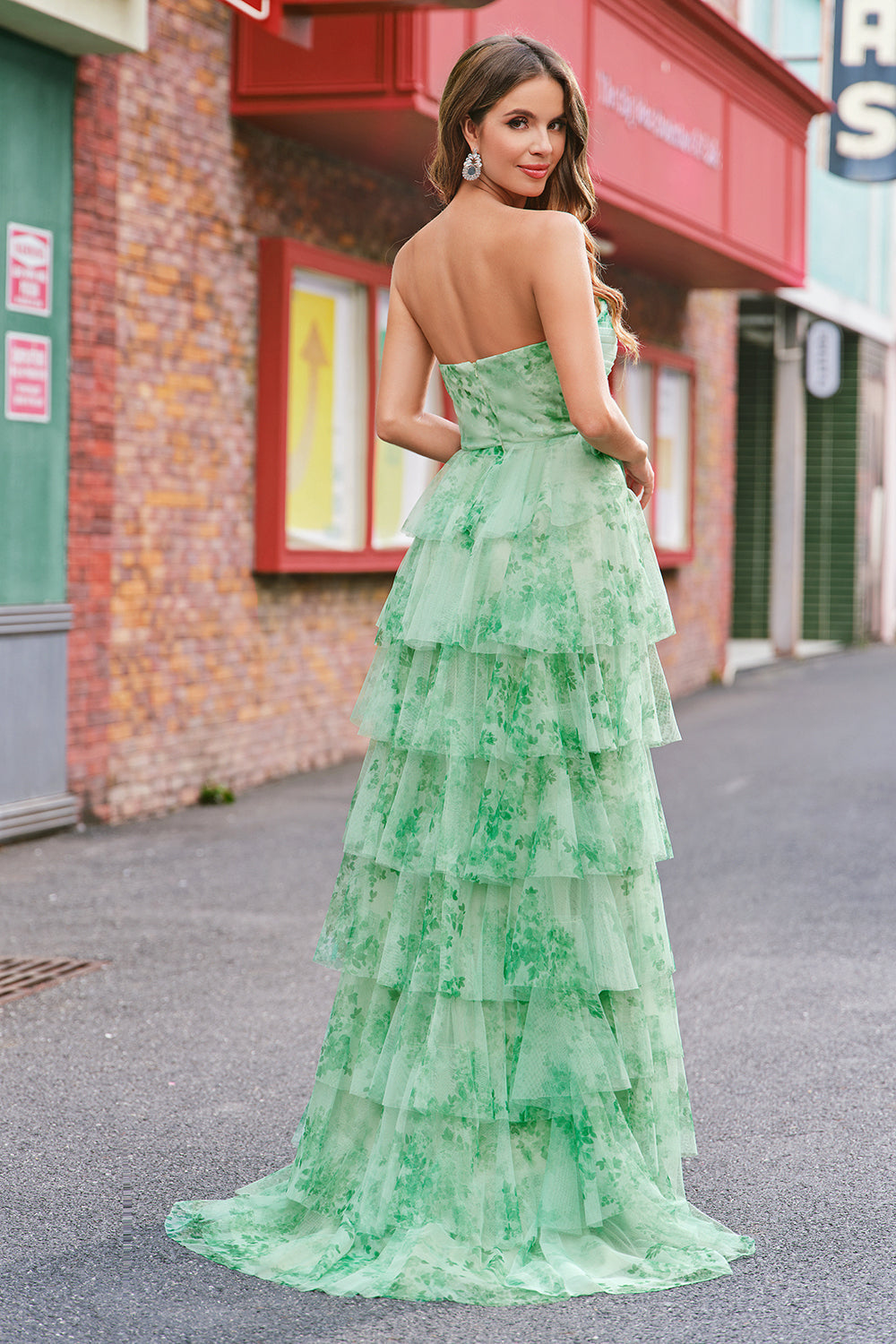 Green A-Line Strapless Floral Ruffled Long Prom Dress with Slit