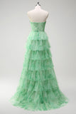 Green A-Line Strapless Floral Ruffled Long Prom Dress with Slit