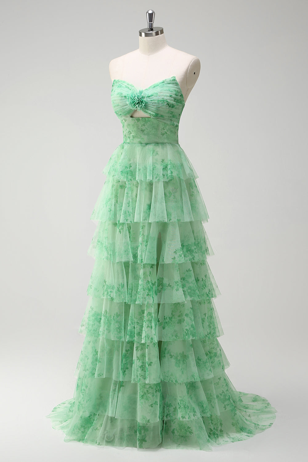 Green A-Line Strapless Floral Ruffled Long Prom Dress with Slit