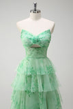 Green A-Line Strapless Floral Ruffled Long Prom Dress with Slit