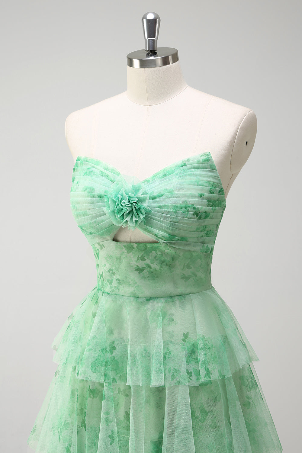 Green A-Line Strapless Floral Ruffled Long Prom Dress with Slit