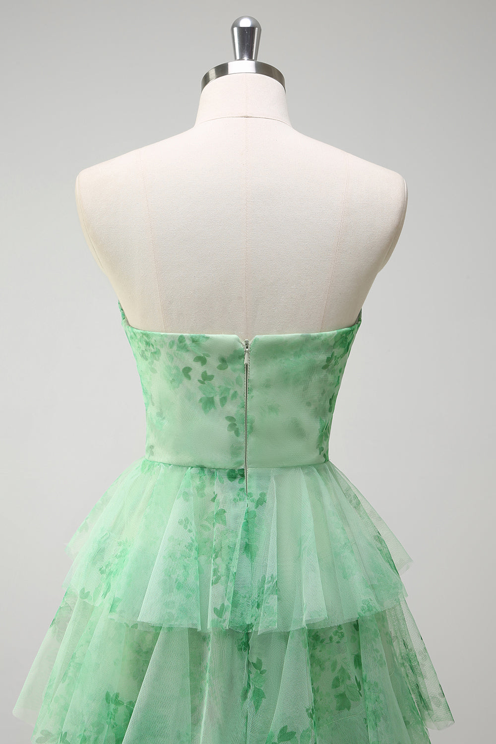Green A-Line Strapless Floral Ruffled Long Prom Dress with Slit