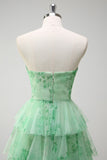 Green A-Line Strapless Floral Ruffled Long Prom Dress with Slit