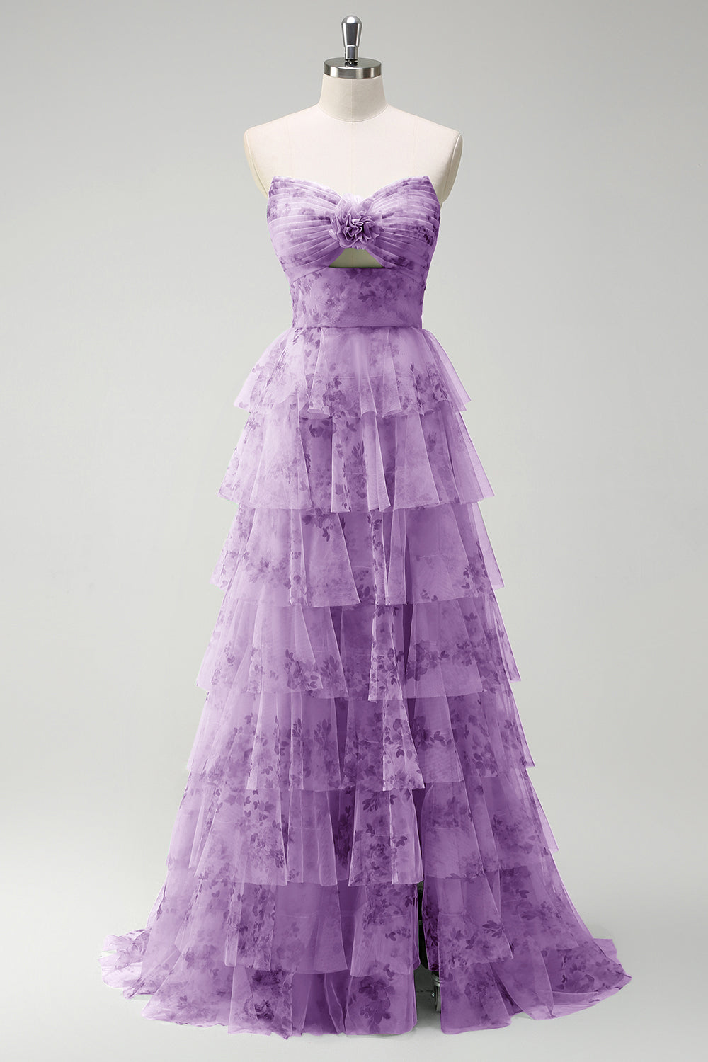 Green A-Line Strapless Floral Ruffled Long Prom Dress with Slit