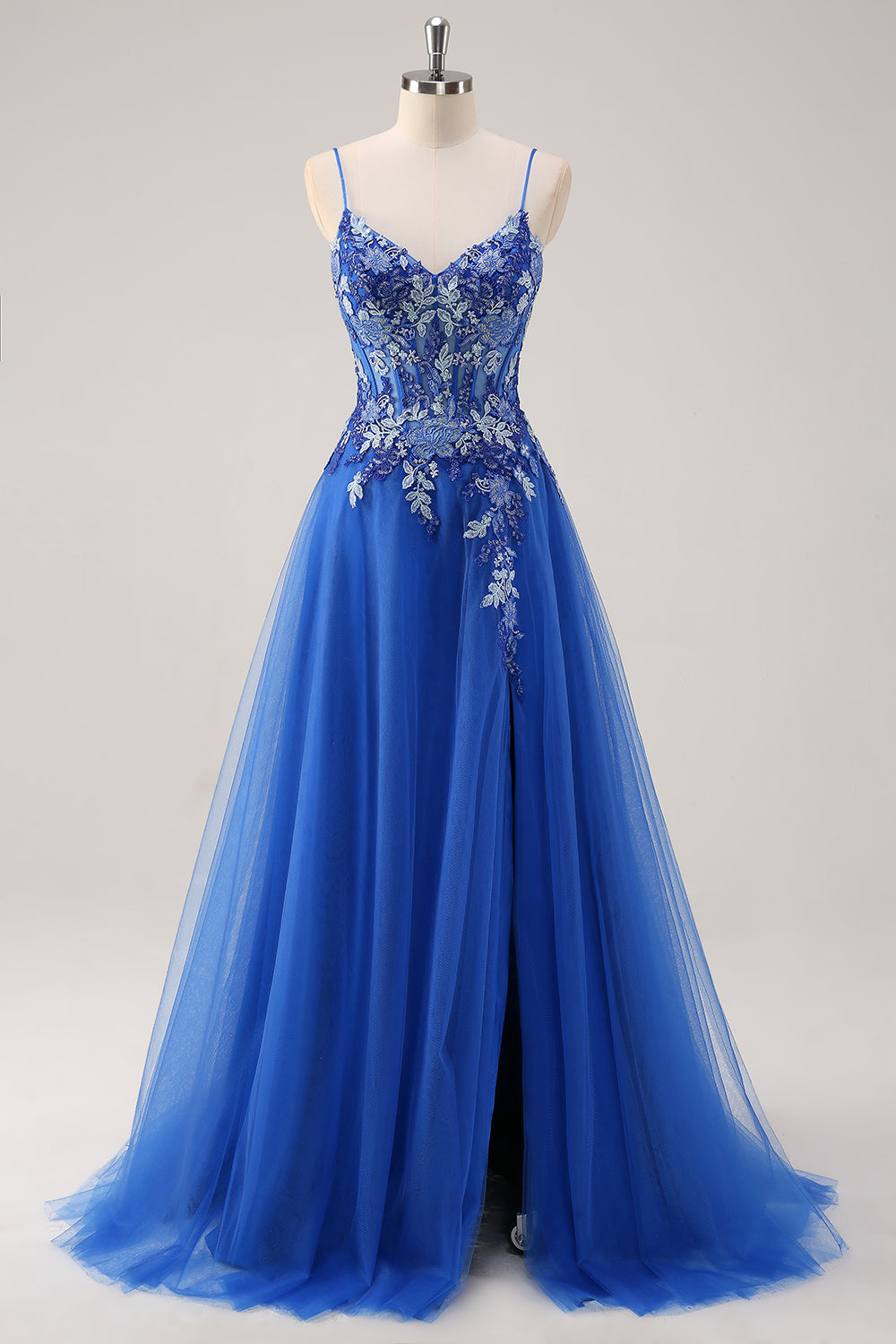 Royal Blue A-Line Spaghetti Straps Corset Tulle Prom Dress With Appliques