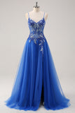 Royal Blue A-Line Spaghetti Straps Corset Tulle Prom Dress With Appliques
