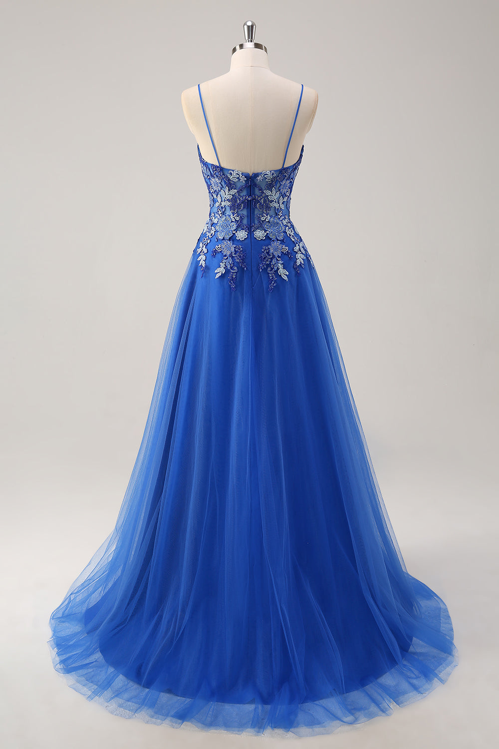Royal Blue A-Line Spaghetti Straps Corset Tulle Prom Dress With Appliques